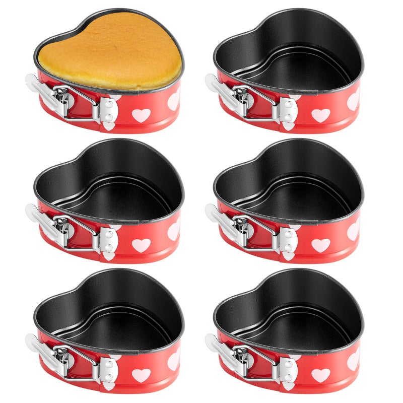 Hoolerry 6 Pcs Mini Heart Springform Pan 4 Inch Heart Shape Mini Cheesecake Pans Non Stick Heart Cake Mold Small Heart Cake Pan with Drop Bottom for Air Fryer Pressure Cooker Baking (Red) - Image 1
