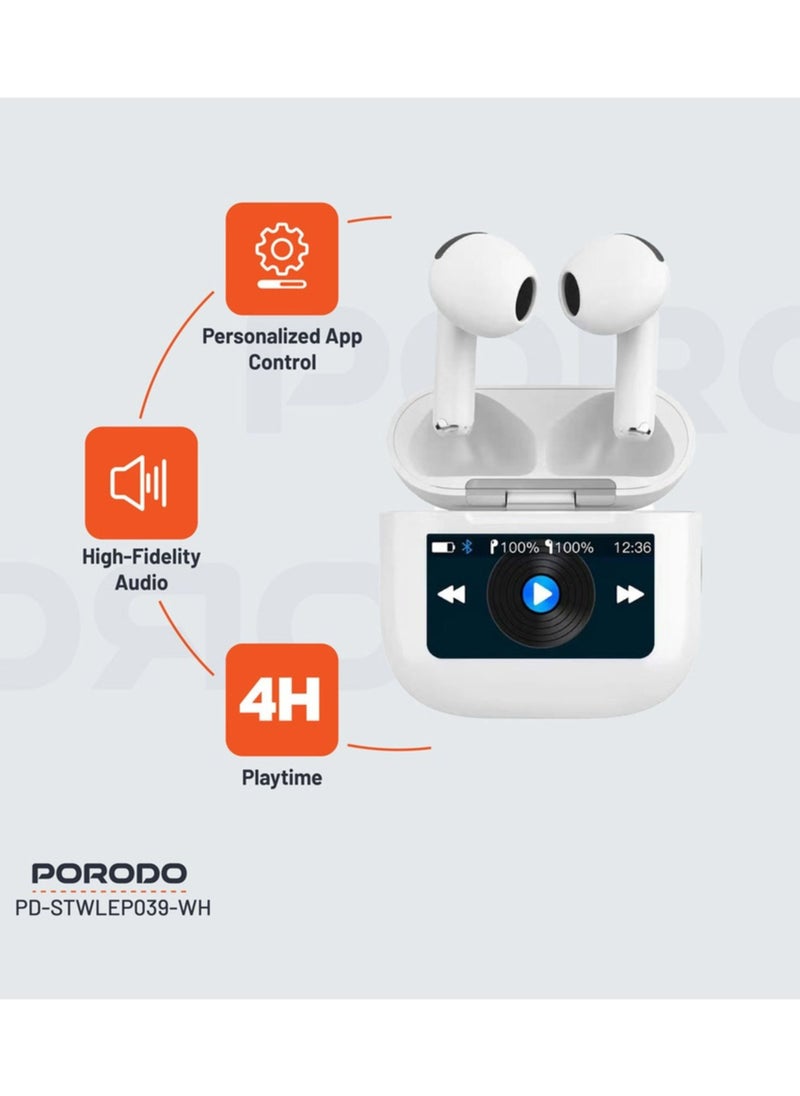 porodo - Soundtec Glimpse Earbuds with Touch Display, TWS, Portable, Bluetooth 5.4, 4 Hours Playtime, 300mAh Battery Capacity, Touch Controls - White - Image 1
