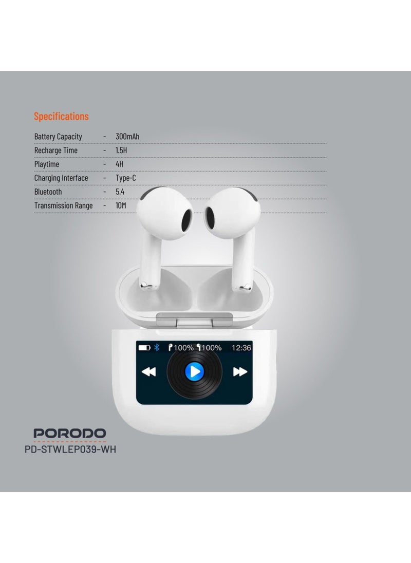 porodo - Soundtec Glimpse Earbuds with Touch Display, TWS, Portable, Bluetooth 5.4, 4 Hours Playtime, 300mAh Battery Capacity, Touch Controls - White - Image 1