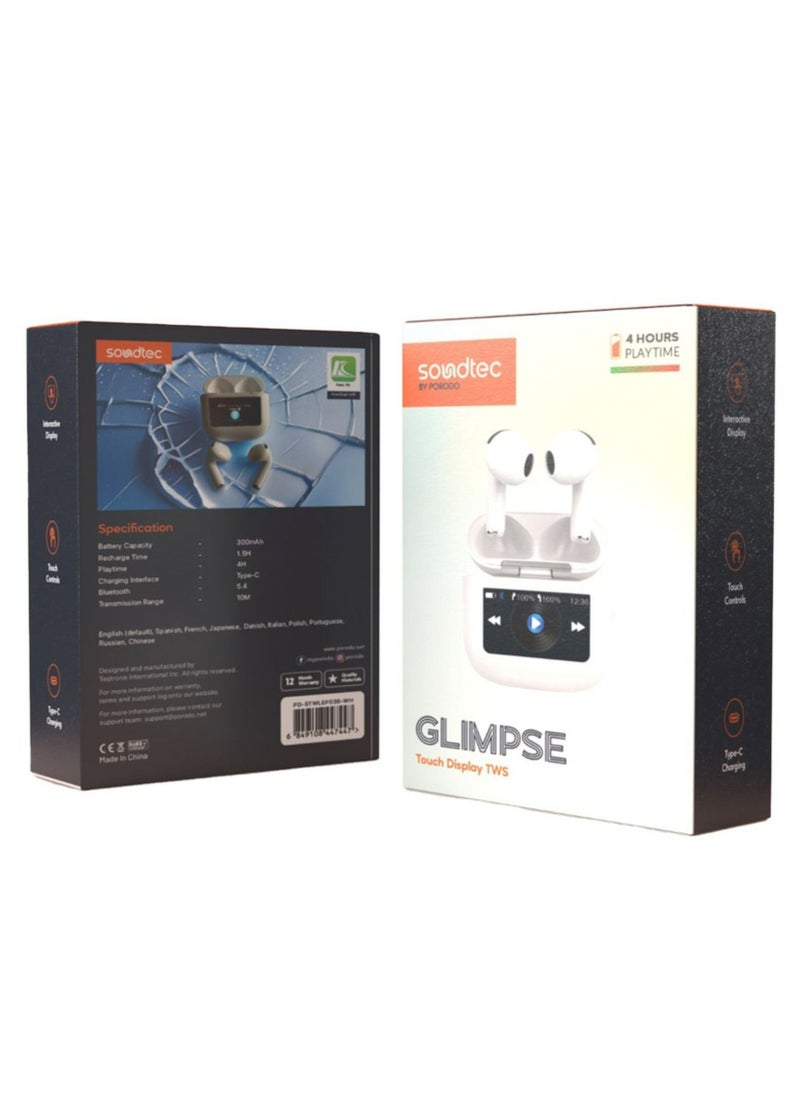 porodo - Soundtec Glimpse Earbuds with Touch Display, TWS, Portable, Bluetooth 5.4, 4 Hours Playtime, 300mAh Battery Capacity, Touch Controls - White - Image 1