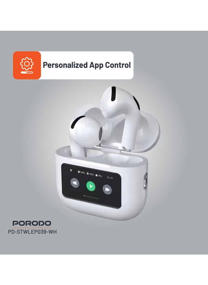 porodo - Soundtec Glimpse Earbuds with Touch Display, TWS, Portable, Bluetooth 5.4, 4 Hours Playtime, 300mAh Battery Capacity, Touch Controls - White - Image 1