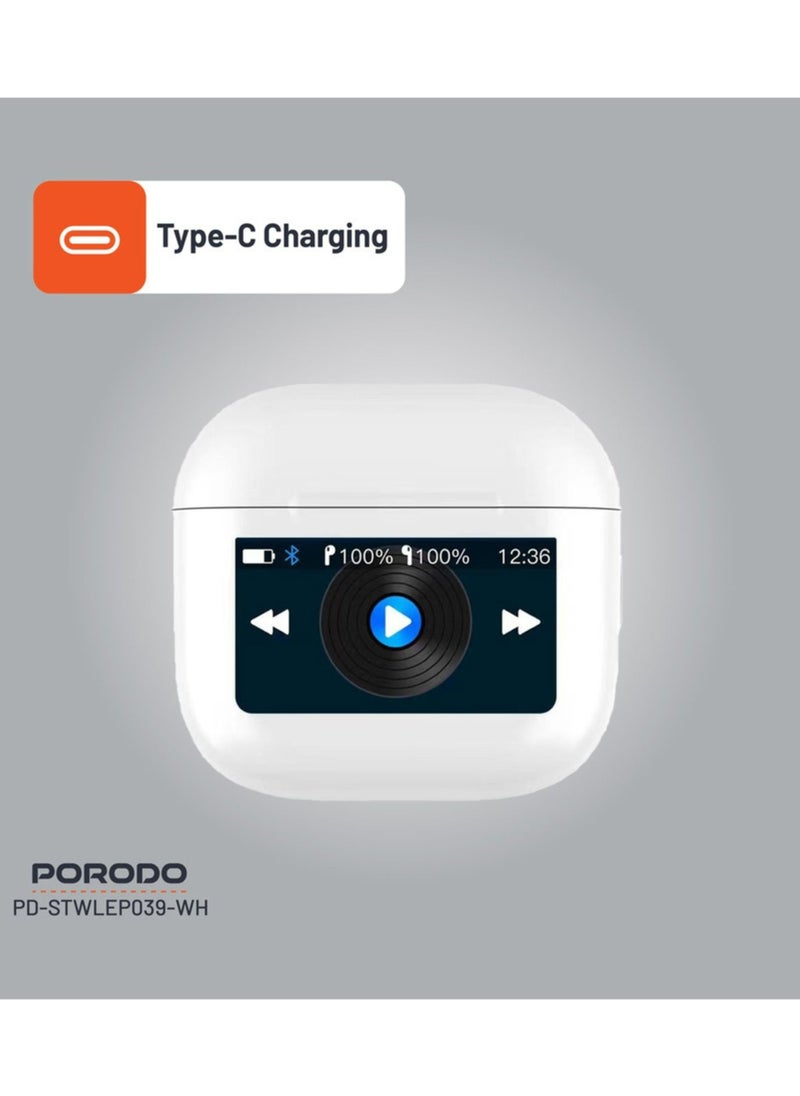 porodo - Soundtec Glimpse Earbuds with Touch Display, TWS, Portable, Bluetooth 5.4, 4 Hours Playtime, 300mAh Battery Capacity, Touch Controls - White - Image 1