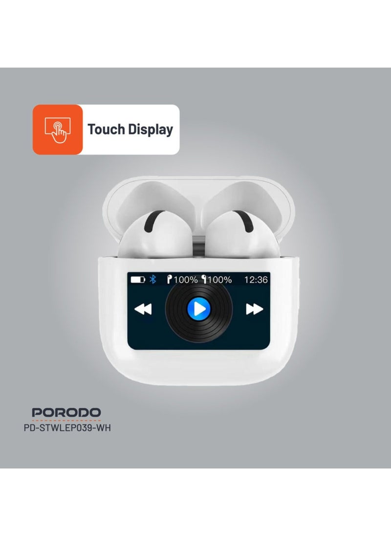 porodo - Soundtec Glimpse Earbuds with Touch Display, TWS, Portable, Bluetooth 5.4, 4 Hours Playtime, 300mAh Battery Capacity, Touch Controls - White - Image 1
