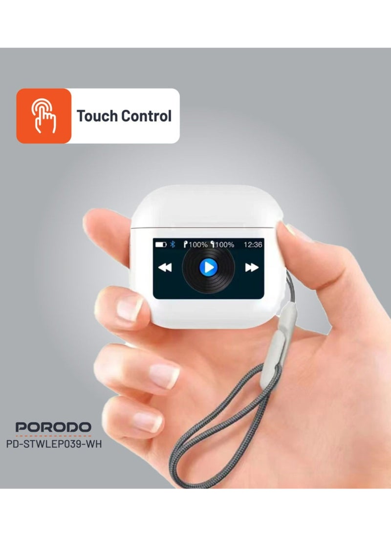 porodo - Soundtec Glimpse Earbuds with Touch Display, TWS, Portable, Bluetooth 5.4, 4 Hours Playtime, 300mAh Battery Capacity, Touch Controls - White - Image 1