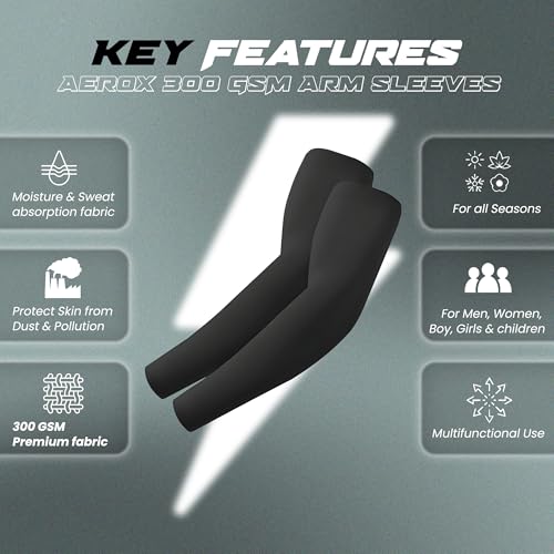 Autofy AeroX 300 GSM Outdoor Indoor Use Unisex Arm Sleeves UV Tan Protection for Men Women Children with Compression & Cooling Effect (Pack of 1-2pcs) (Black) - Image 2