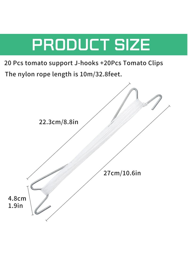 SYOSI 20Pcs Tomato Support Hooks & Clips, J Hook Clips to Prevent Tomatoes Falling Off Iron Plant Climbing Hooks with 33ft Rope