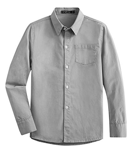 Spring&Gege Boys' Long Sleeve Woven Dress Shirt Formal School Uniform Button Down Shirt with Chest Pocket, Silver, 13-14 Years - Image 1