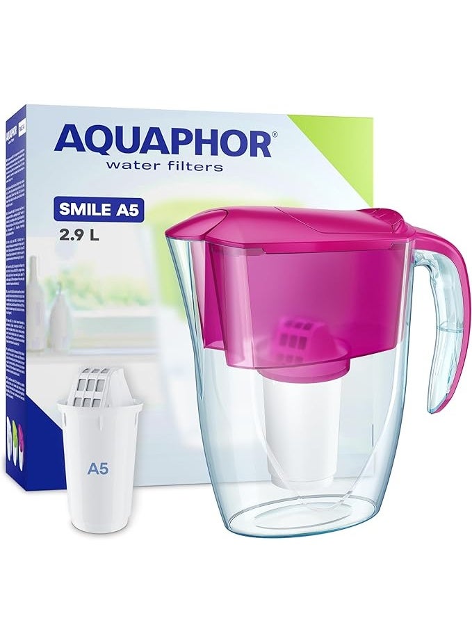 Aquaphor AQUAPHOR Smile Water Filter Jug 2.9L Cyclamen Pink | Slim, Space-Saving Design | Fits Fridge Door | Includes 1x A5 Filter (350L) | Reduces Limescale, Chlorine & Microplastics  - Image 1