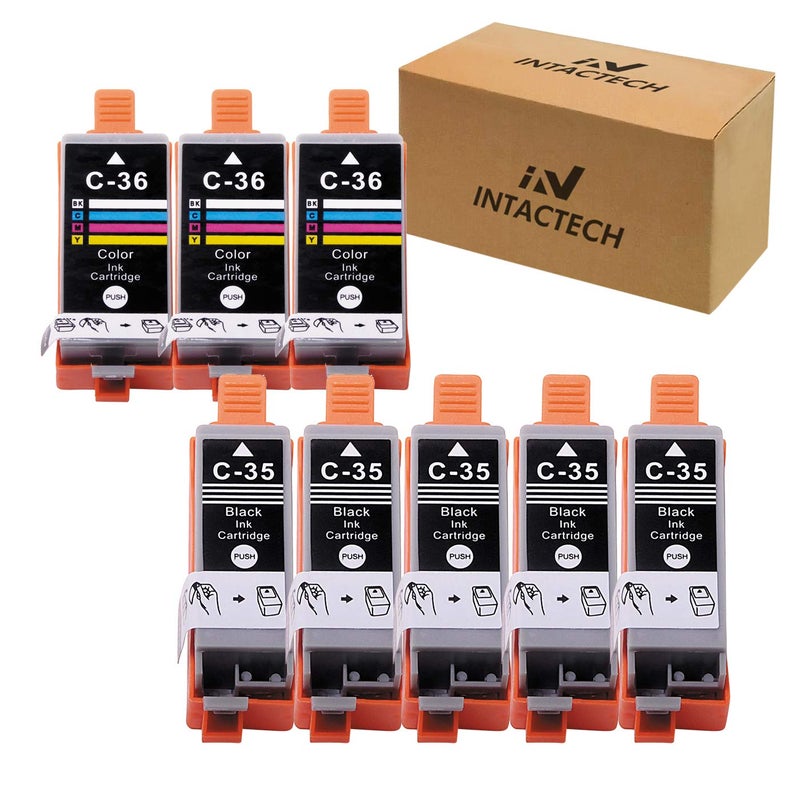 IN INTACTECH Compatible Ink Cartridges Replacement for Canon PGI-35 (Black) and PGI-36(Color) Work for pixma ip110 ip100 tr150 mini260 mini320 (Black - 5 nos and Tricolor - 3 nos, 8-Pack) - Image 1