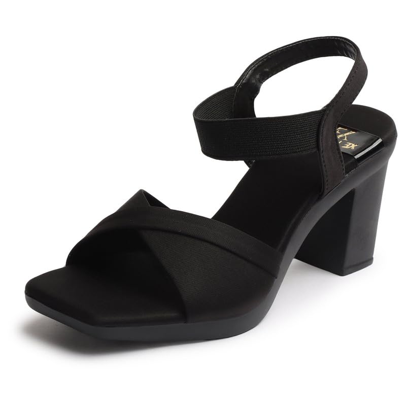 XE Looks Women's Black Elegant Heels | Block Heel Sandals with Stretchable Straps | Lightweight & Durable | Comfortable Cushioned Sole Heels For Girls & Women - Image 1