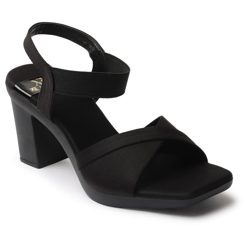XE Looks Women's Black Elegant Heels | Block Heel Sandals with Stretchable Straps | Lightweight & Durable | Comfortable Cushioned Sole Heels For Girls & Women - Image 5