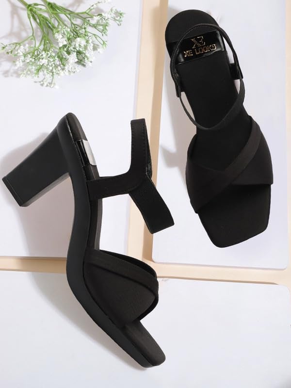 XE Looks Women's Black Elegant Heels | Block Heel Sandals with Stretchable Straps | Lightweight & Durable | Comfortable Cushioned Sole Heels For Girls & Women - Image 2
