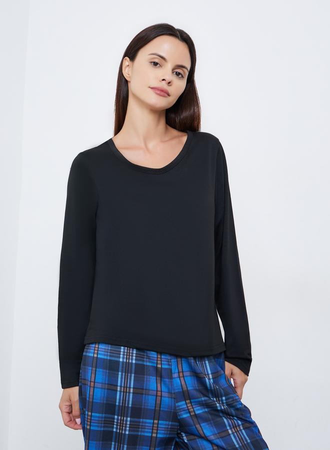 Styli Solid Long Sleeve T-Shirt and Checked Pyjama Set - Image 2