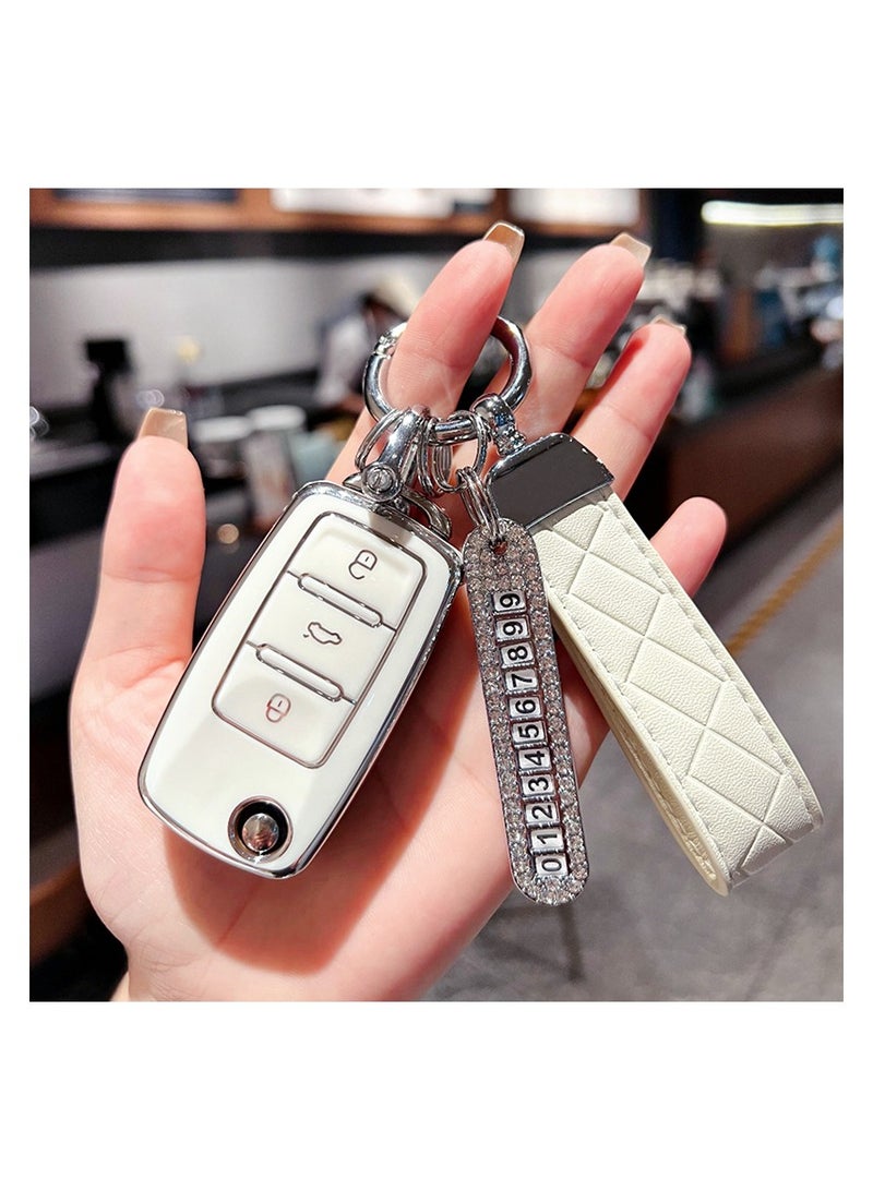 Crystal Car Key Fob Cover Chains for Volkswagen Models, Bling Car Smart Key Fob Keyless Entry Remote for Ladies Women With Contact Information and Hand Rope - Image 1
