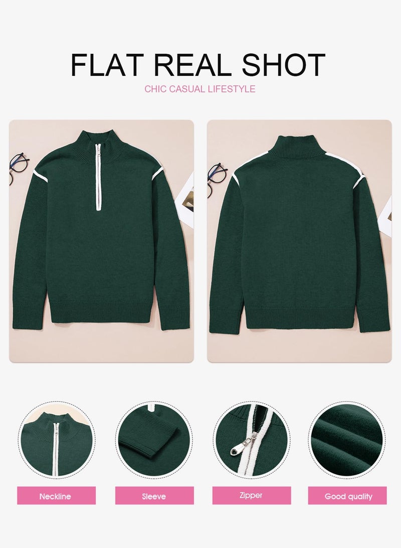 EVALESS Womens Sweaters 2025 Fashion Trendy Fall Oversized Quarter Zip V Neck Collared Long Sleeve Ribbed Knit Dressy Casual Cute Chunky Pullover Tops,Blackish Green Large - Image 5