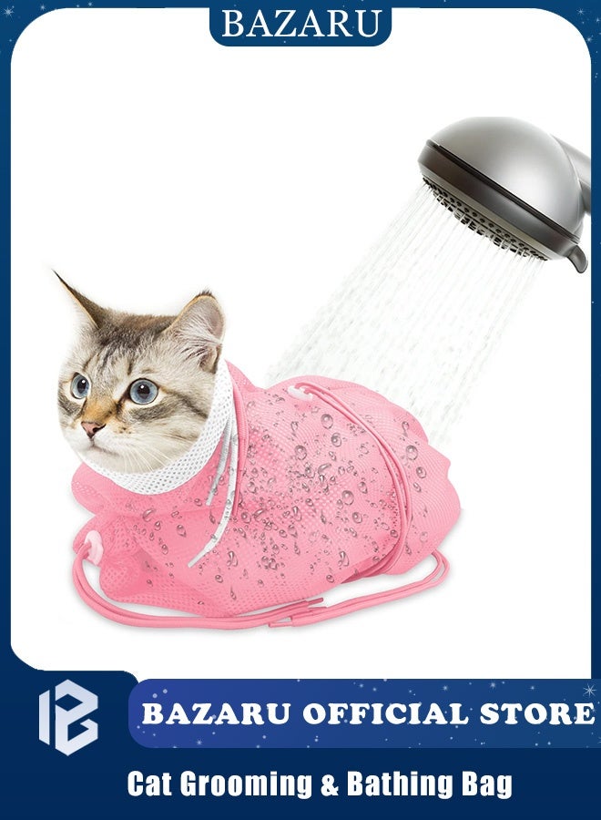 BAZARU Cat Grooming & Bathing Bag – Anti-Scratch Breathable Mesh for Safe Nail Trimming, Ear Cleaning, Medicine Care, 5 Adjustable Drawstrings, Universal Fit for Cats (Pink) - Image 1