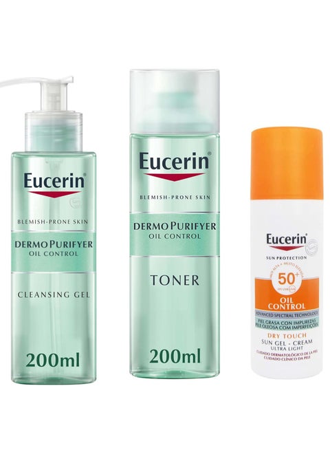 مجموعة حماية البشرة من يوسيرين جل منظف ديرمو بيوريفير + تونر للوجه + كريم جل للحماية من الشمس 50 SPF