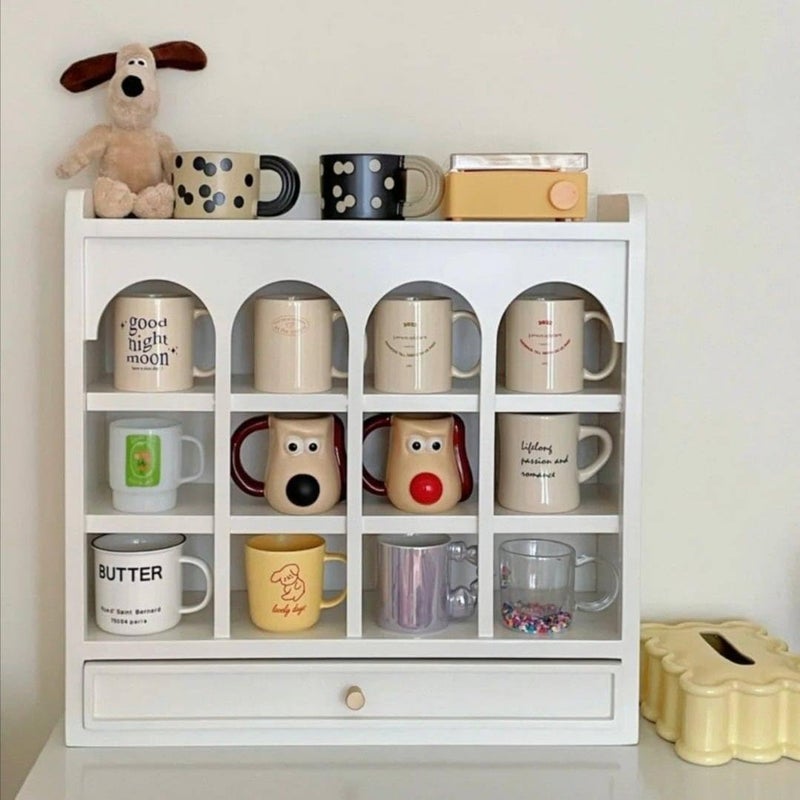 White Wooden Cup Display Cabinet, 12 Compartments with Drawer, Elegant Arc Design Kitchen Organizer 60 * 60cm