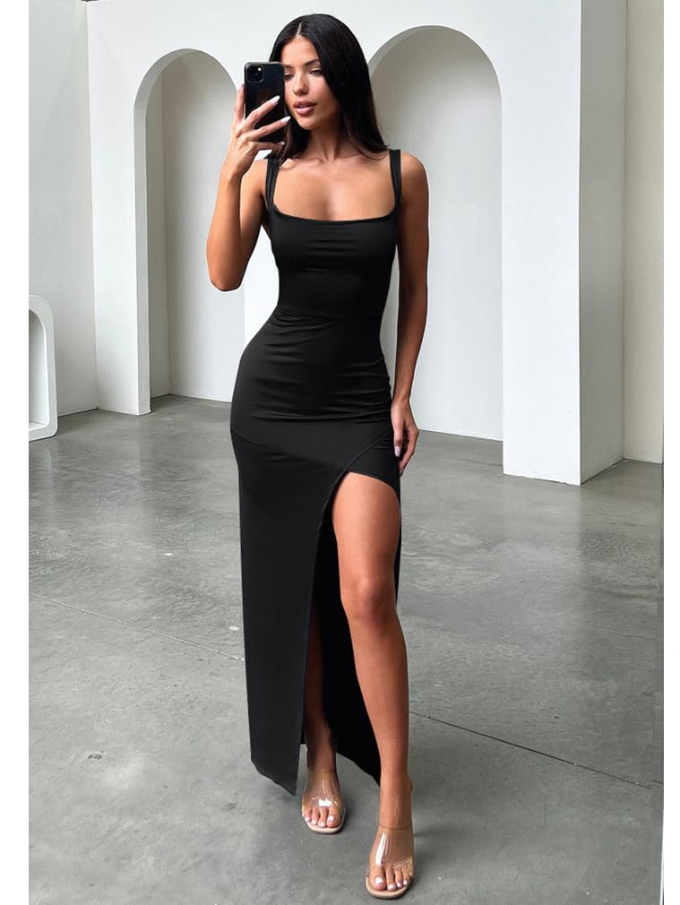 LAGSHIAN Women's Sexy Backless Square Neck Sleeveless Split Hem Tank Tops Evening Long Dresses Black - Image 2