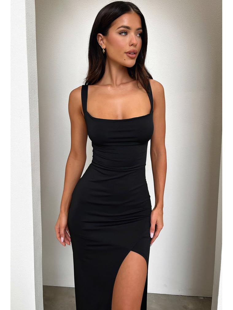LAGSHIAN Women's Sexy Backless Square Neck Sleeveless Split Hem Tank Tops Evening Long Dresses Black - Image 3