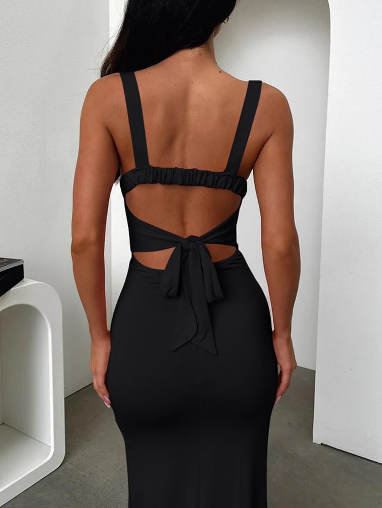 LAGSHIAN Women's Sexy Backless Square Neck Sleeveless Split Hem Tank Tops Evening Long Dresses Black - Image 5