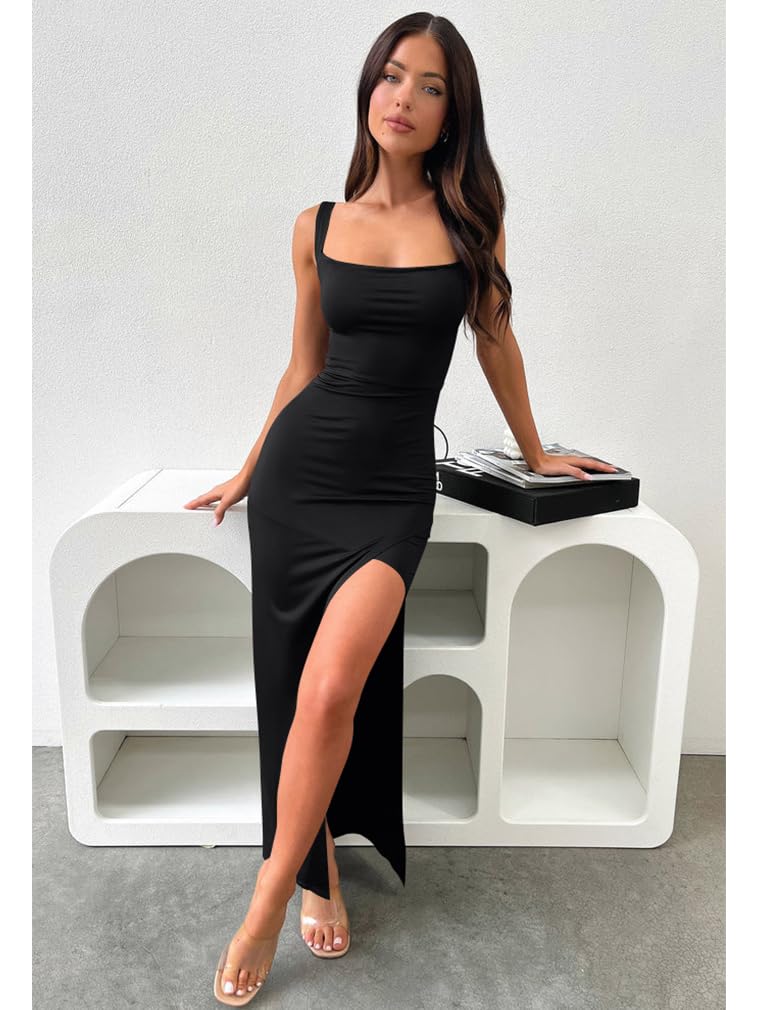 LAGSHIAN Women's Sexy Backless Square Neck Sleeveless Split Hem Tank Tops Evening Long Dresses Black - Image 4