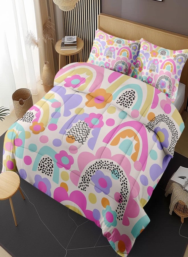 Nesphy Rainbow Daisy Flower Full Comforter Set, Floral Retro Bedding Set 3 Piece, All Season Soft Toddlers Children Adults Bedroom Bed Decoration Comforter and 2 Pillow Shams - Image 1