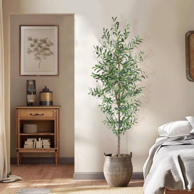 CETRD Artificial Olive Tree 7FT Tall Faux Olive Trees 84in Outdoor Fake Potted Silk Plant with Trunk and Realistic 1048 Leaves and 40 Fruits for Modern Office Home Decor Indoor1pack