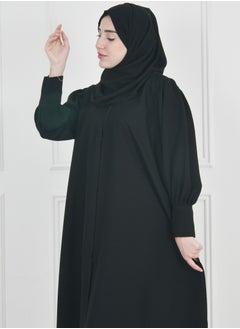 Black quarter-length abaya with narrow, practical sleeves that close with snaps