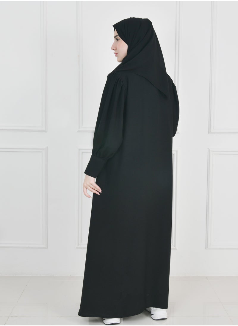 HAWRAA ABAYA - Black quarter-length abaya with narrow, practical sleeves that close with snaps - Image 1