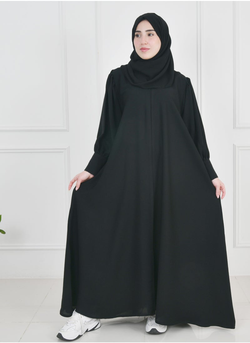 HAWRAA ABAYA - Black quarter-length abaya with narrow, practical sleeves that close with snaps - Image 1