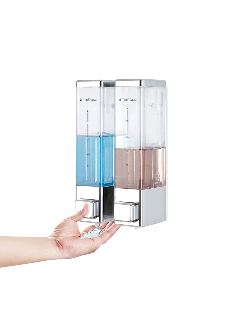 interhasa! - interhasa! Wall Mount Handwash Dispenser 2-Chamber 700ml Liquid Soap Dispensers for Home Bathroom Kitchen ABS Manual Press 7001-2 Silver - Image 1
