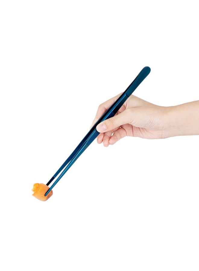 Restaurantware Perfect Point 9.4 Inch Food Tweezers, 1 Short Straight Kitchen Tweezers - Serrated Tips For Precision, For Plating, Or Decorating, Blue Stainless Steel Cooking Tweezers, Sturdy  - Image 2
