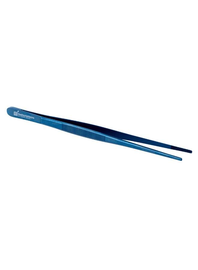 Restaurantware Perfect Point 9.4 Inch Food Tweezers, 1 Short Straight Kitchen Tweezers - Serrated Tips For Precision, For Plating, Or Decorating, Blue Stainless Steel Cooking Tweezers, Sturdy  - Image 1