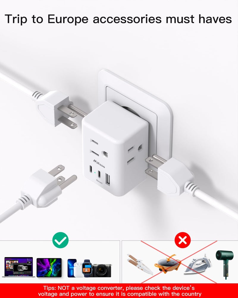 mifaso محول سفر أوروبي 2 حزمة، محول طاقة دولي ميفاسو مع 3 مآخذ و 3 منافذ شحن USB (2 USB C)، محول نوع C لأساسيات السفر إلى أوروبا، إسبانيا، إيطاليا، فرنسا - Image 5