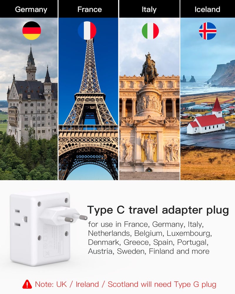 mifaso محول سفر أوروبي 2 حزمة، محول طاقة دولي ميفاسو مع 3 مآخذ و 3 منافذ شحن USB (2 USB C)، محول نوع C لأساسيات السفر إلى أوروبا، إسبانيا، إيطاليا، فرنسا - Image 3