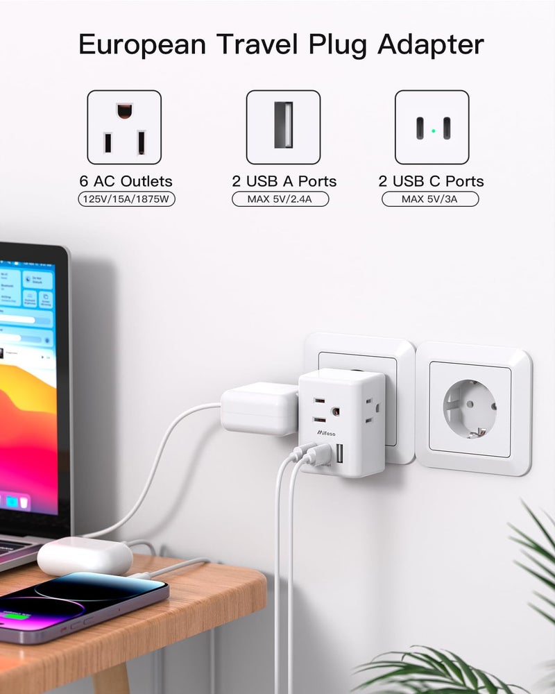mifaso محول سفر أوروبي 2 حزمة، محول طاقة دولي ميفاسو مع 3 مآخذ و 3 منافذ شحن USB (2 USB C)، محول نوع C لأساسيات السفر إلى أوروبا، إسبانيا، إيطاليا، فرنسا - Image 2