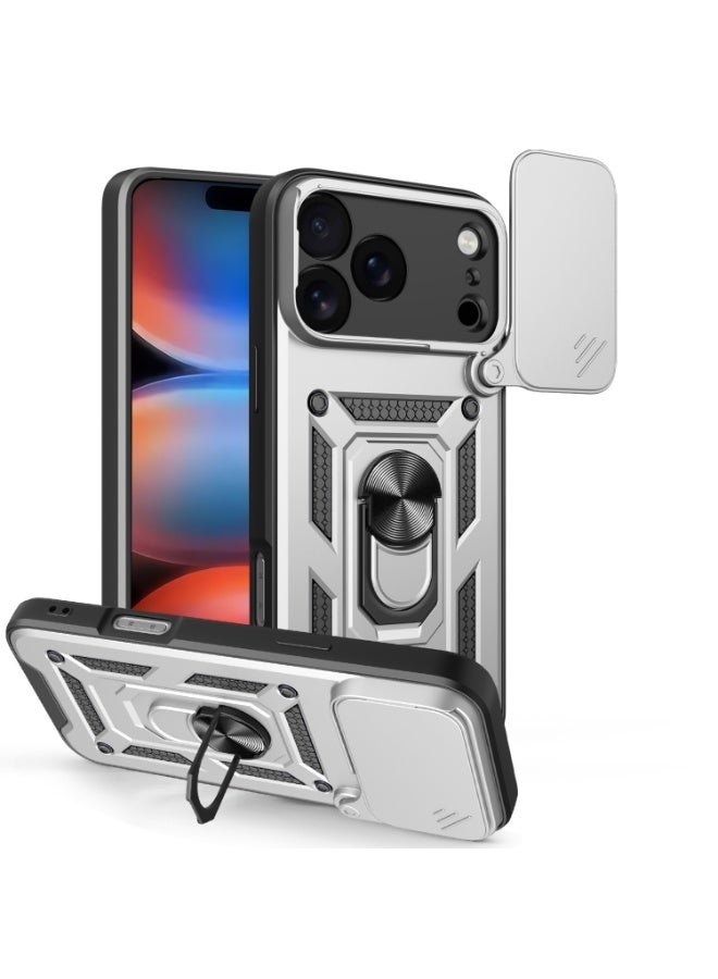 Shunjia Sliding Window Case, Shockproof Rugged Armor with Sliding Camera Cover & 360° Ring Kickstand, Compatible with Apple iPhone 17 Pro Max (Silver)