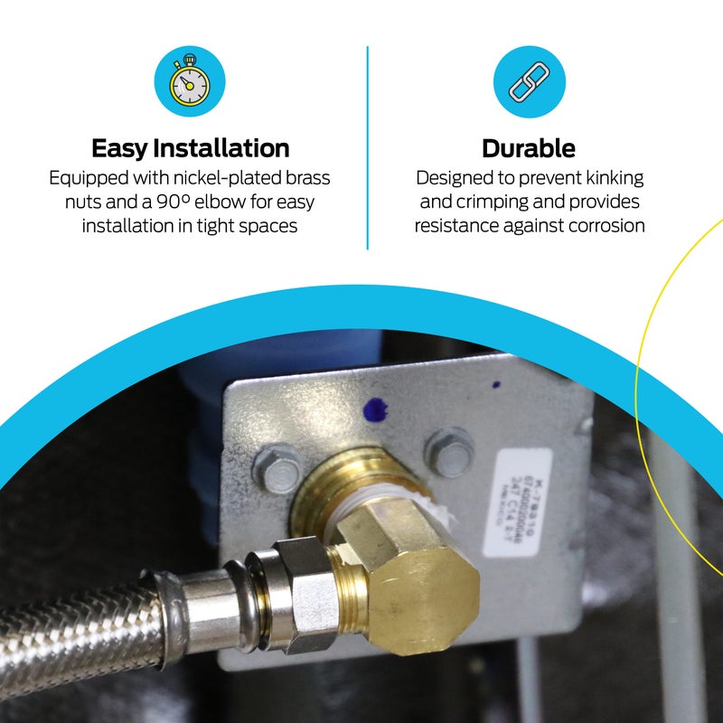 إيست مان مجموعة تركيب غسالة الأطباق من إيستمان 3/8 بوصة ضغط 3/8 بوصة Mip الكوع 3/4 بوصة Fht الكوع 12 قدم موصلات غسالة الأطباق مضفرة من الفولاذ المقاوم للصدأ 41058 - Image 3