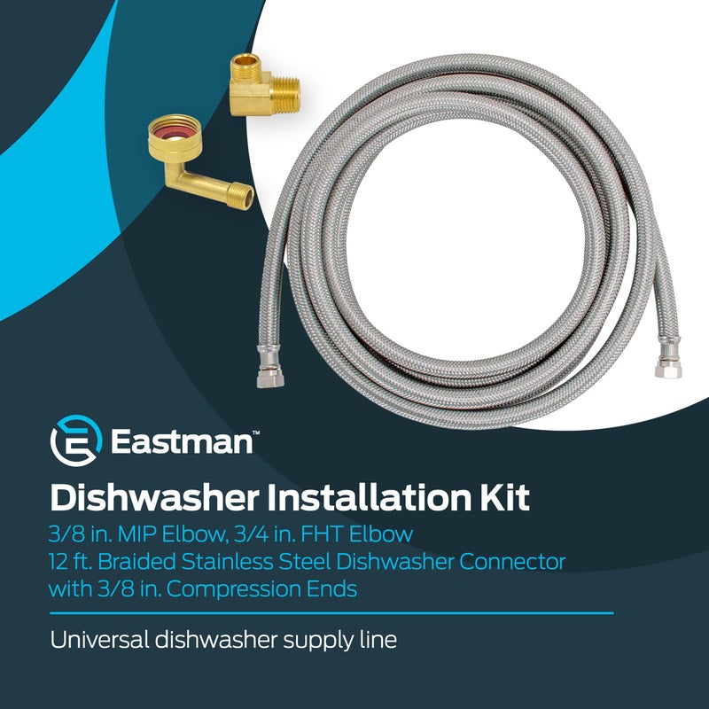 إيست مان مجموعة تركيب غسالة الأطباق من إيستمان 3/8 بوصة ضغط 3/8 بوصة Mip الكوع 3/4 بوصة Fht الكوع 12 قدم موصلات غسالة الأطباق مضفرة من الفولاذ المقاوم للصدأ 41058 - Image 2