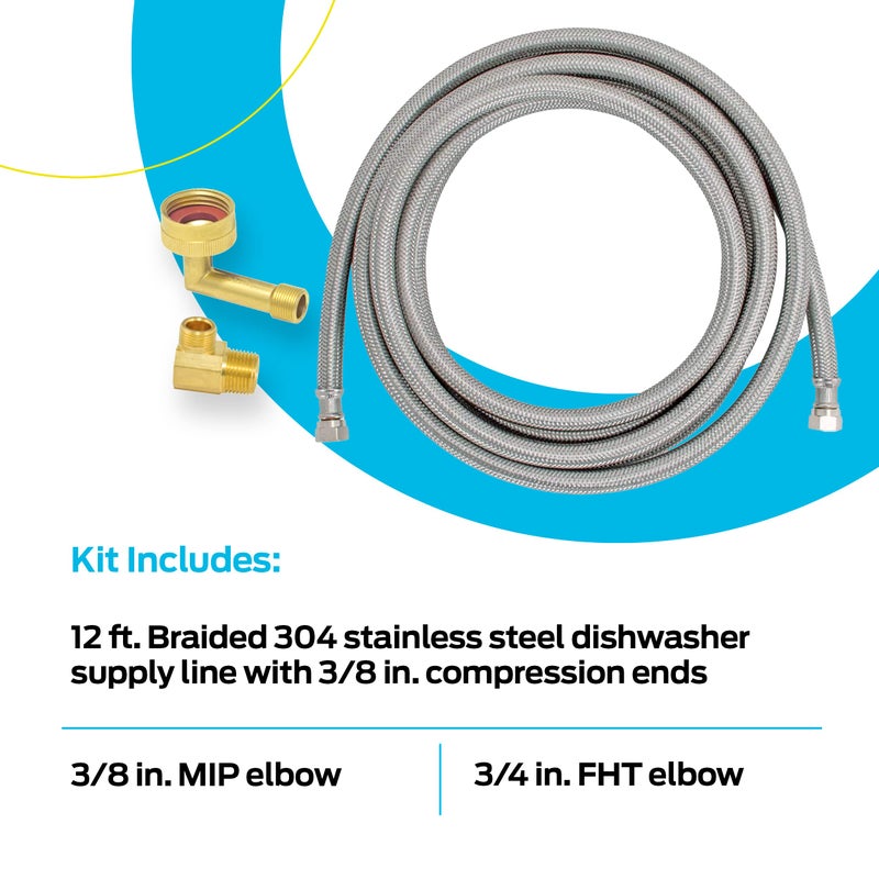 إيست مان مجموعة تركيب غسالة الأطباق من إيستمان 3/8 بوصة ضغط 3/8 بوصة Mip الكوع 3/4 بوصة Fht الكوع 12 قدم موصلات غسالة الأطباق مضفرة من الفولاذ المقاوم للصدأ 41058 - Image 4