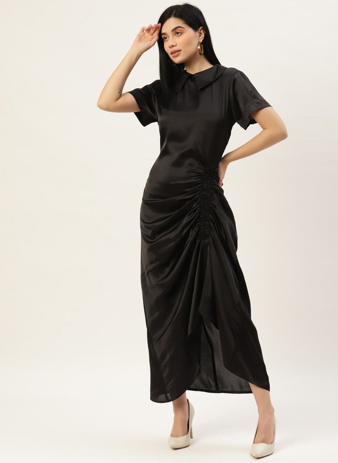 Rue Collection فستان ماكسي ساتان أسود مجعد للنساء - Image 1