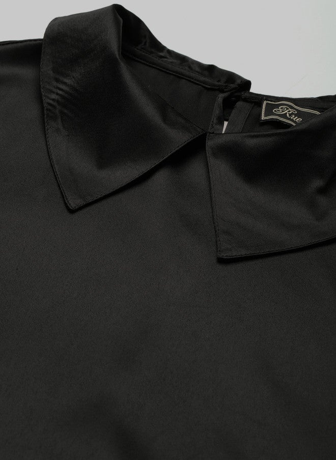 Rue Collection فستان ماكسي ساتان أسود مجعد للنساء - Image 2