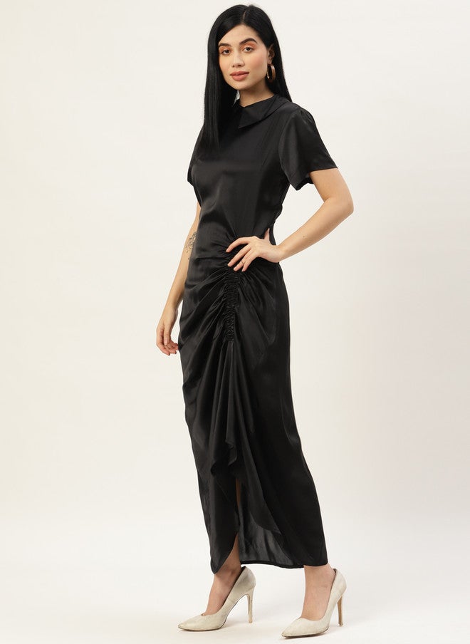 Rue Collection فستان ماكسي ساتان أسود مجعد للنساء - Image 3