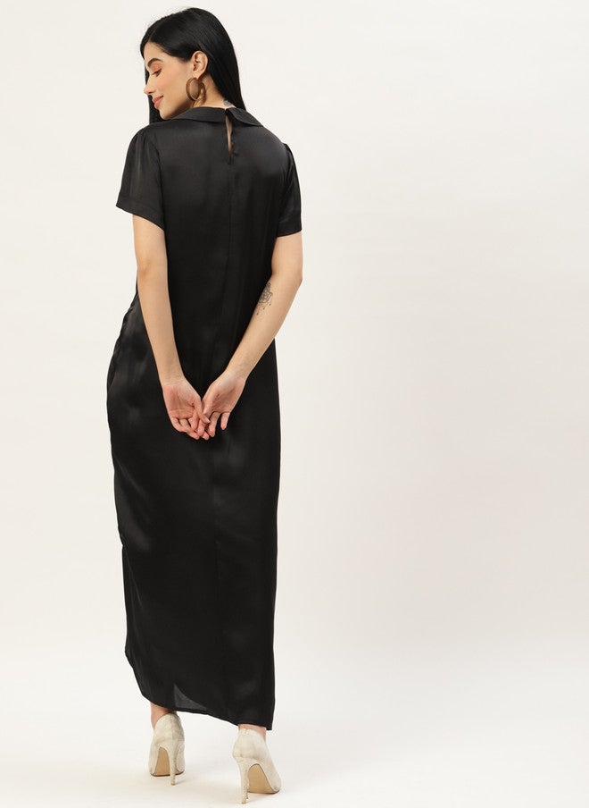 Rue Collection فستان ماكسي ساتان أسود مجعد للنساء - Image 4