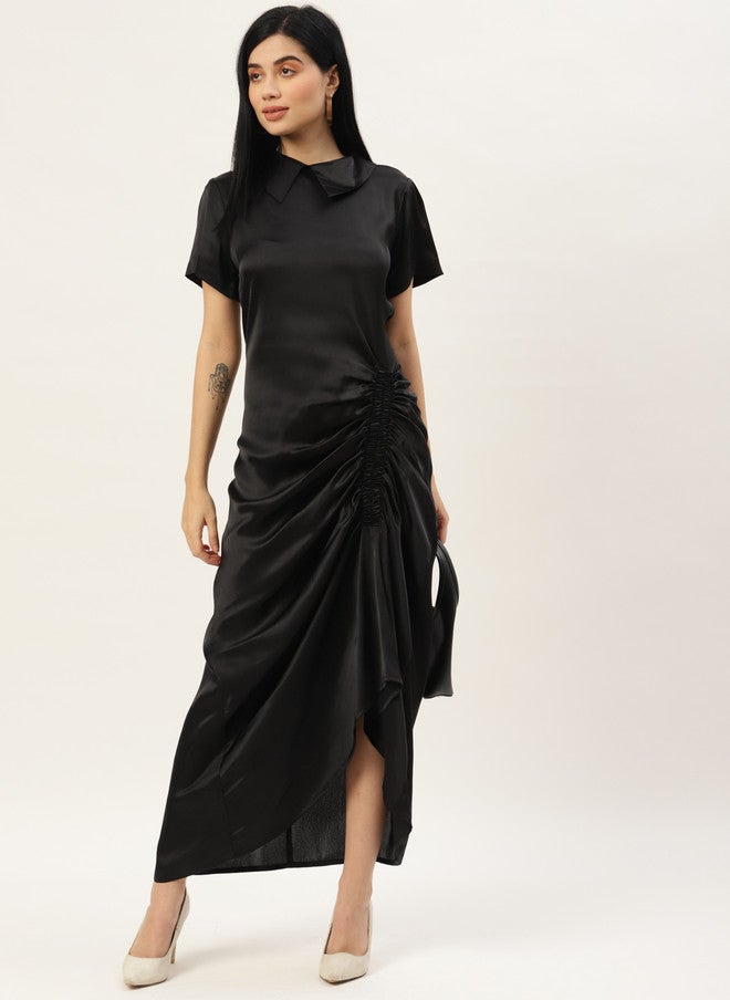 Rue Collection فستان ماكسي ساتان أسود مجعد للنساء - Image 5