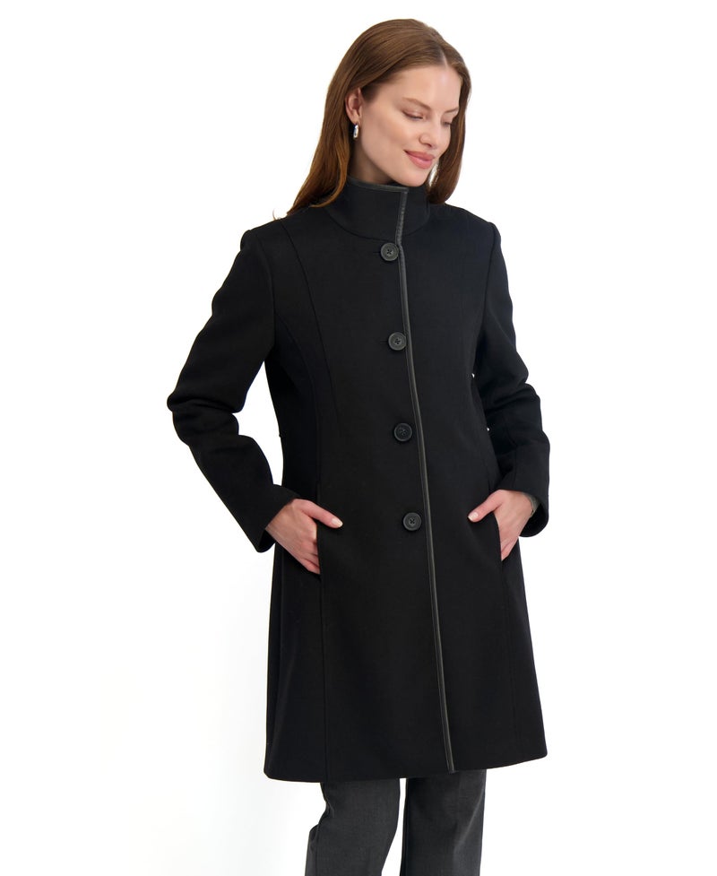 TAHARI Women's Slim Fit Wool Blend Walker Coat with PU Trim, Stretch Lining & Front Button Closure, Black, Medium - Image 1