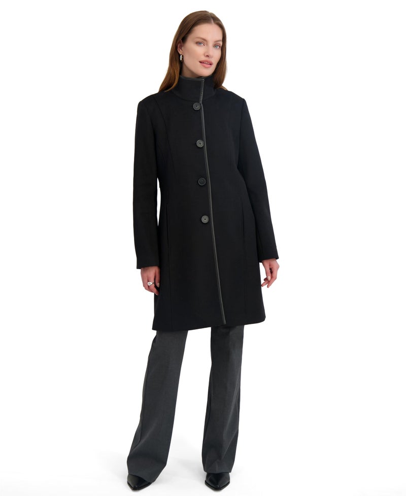 TAHARI Women's Slim Fit Wool Blend Walker Coat with PU Trim, Stretch Lining & Front Button Closure, Black, Medium - Image 3