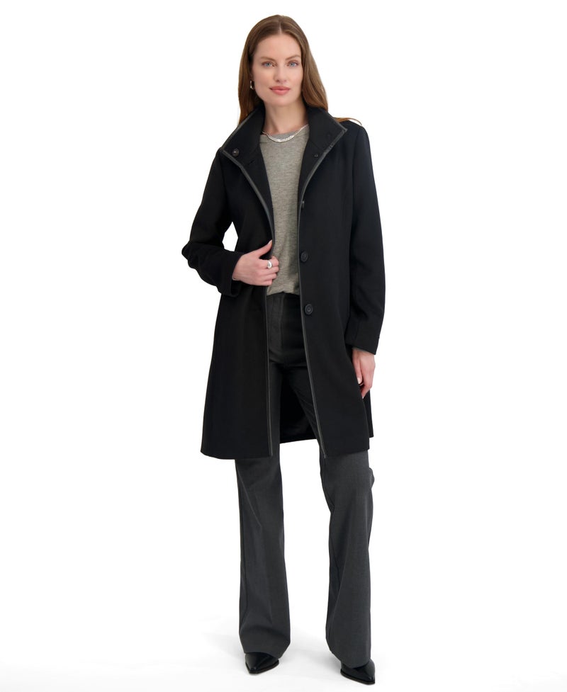 TAHARI Women's Slim Fit Wool Blend Walker Coat with PU Trim, Stretch Lining & Front Button Closure, Black, Medium - Image 2
