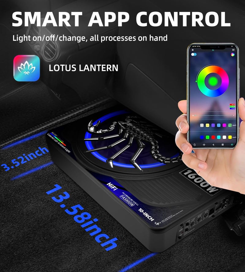TZGBASS 1600W سوب ووفر نحيف تحت المقعد وحزمة مضخم الصوت، سوب ووفر سيارة مزود بمضخم صوت من الفئة D مدمج، ضوء متزامن مع الإيقاع RGB، صوت جهير عميق تحت الصوت، سوب ووفر تحت المقعد للشاحنة SUV سيدان - Image 3